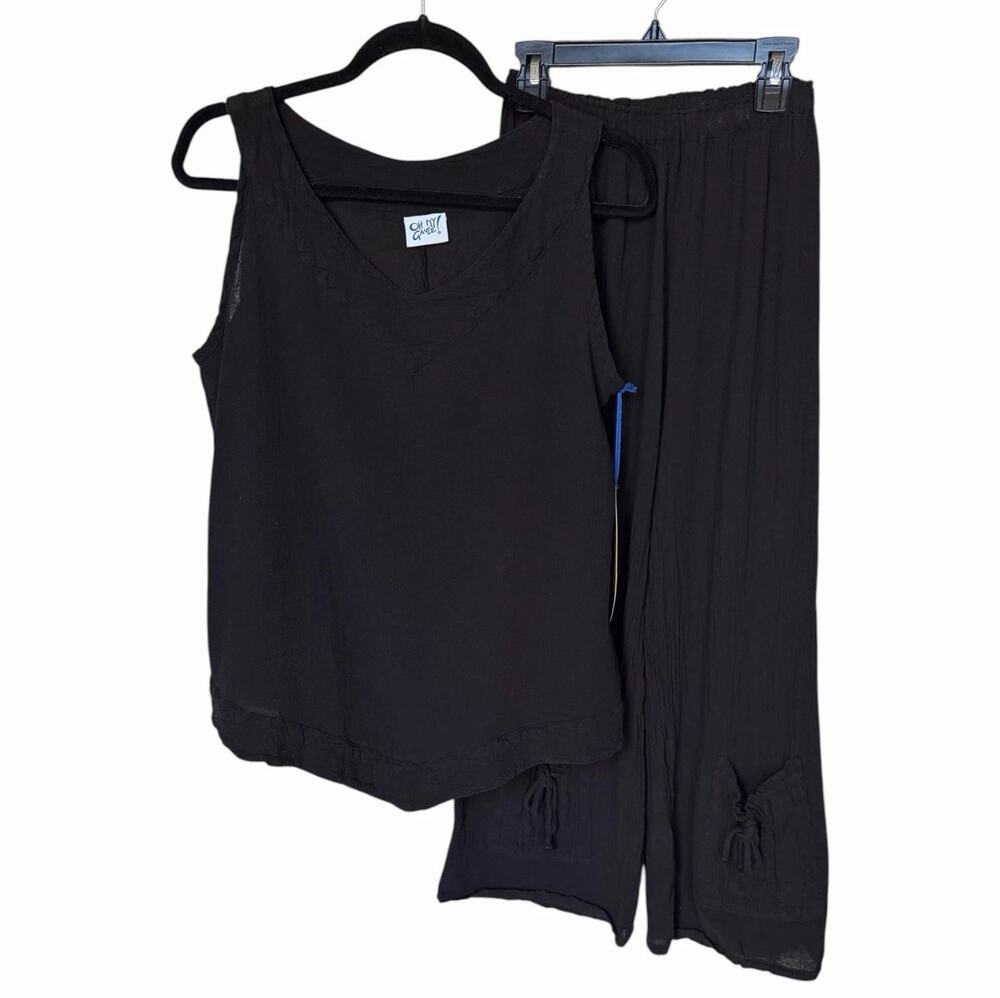 Oh My Gauze! Black 2PC Tank & Wide-Leg Pants Set V-Neck Elastic Waist S